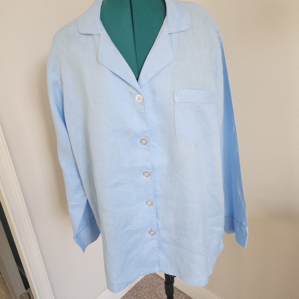 Noble Mount Pajama Top Women XL Blue 100% Belgian Linen Button Up Classic